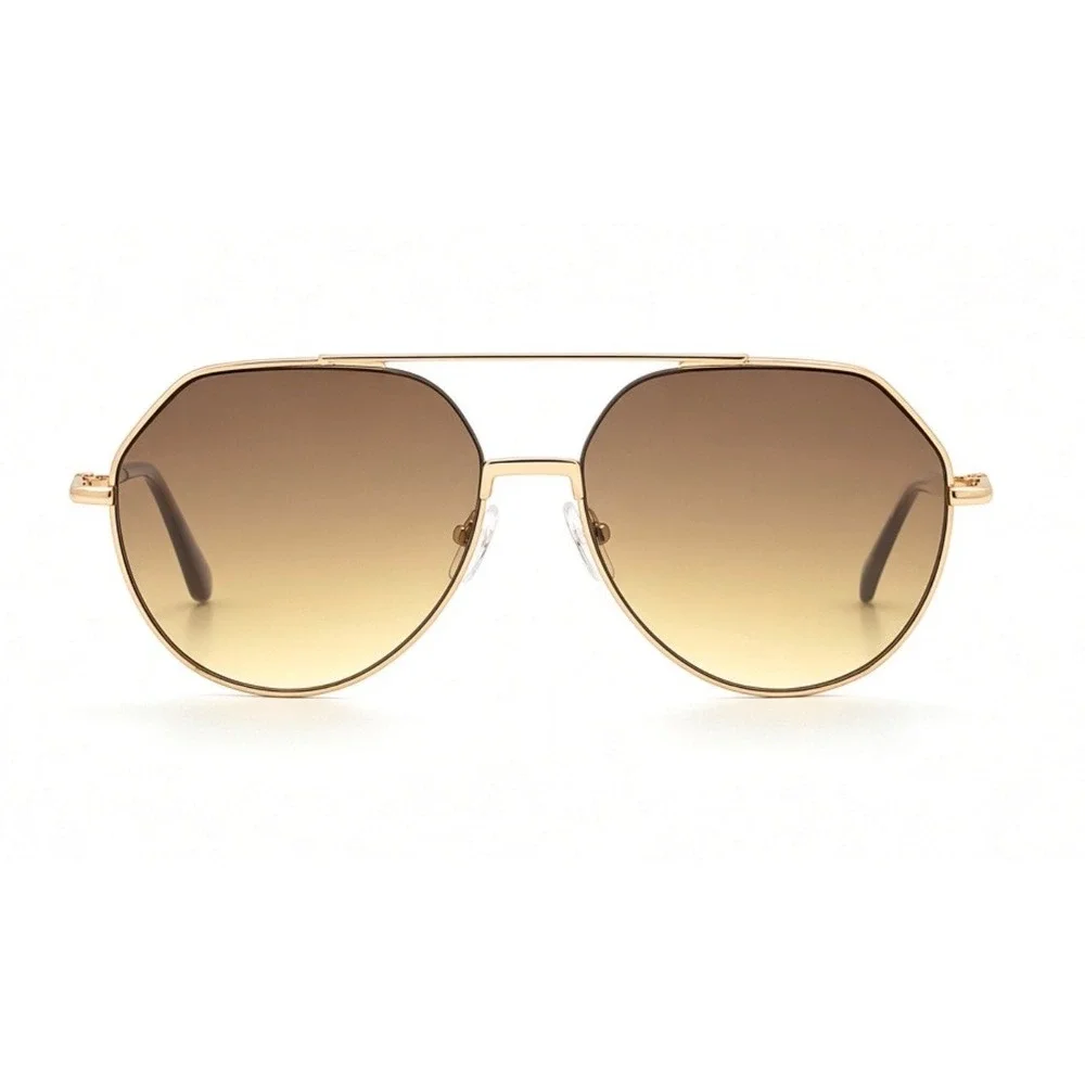 Sunglasses Gold Frame Brown Gradient Lens Fashion‎ Eyewear Pilot Style Flat Lens